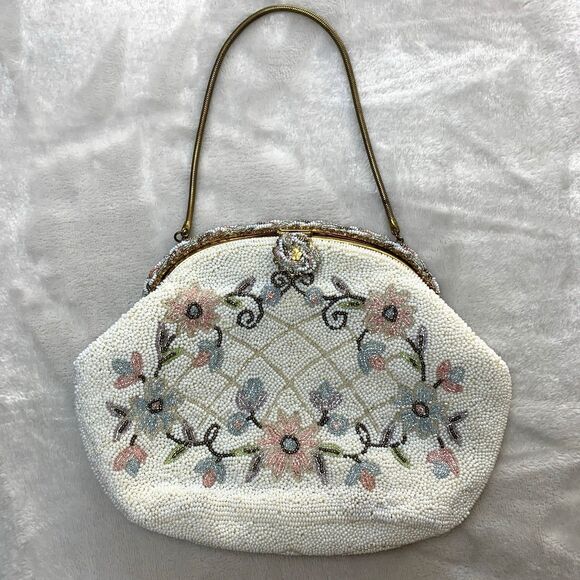 Vintage 50s Ed B. Robinson Micro Bead Handbag Made In France Floral Coquette - Picture 1 of 16